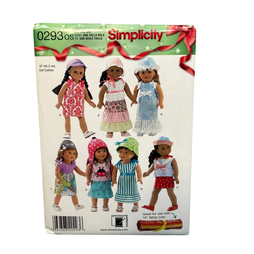 Simplicity Sewing Pattern 0293 18" Doll Clothes New Uncut Dress Hat Wardrobe DIY - Picture 1 of 11
